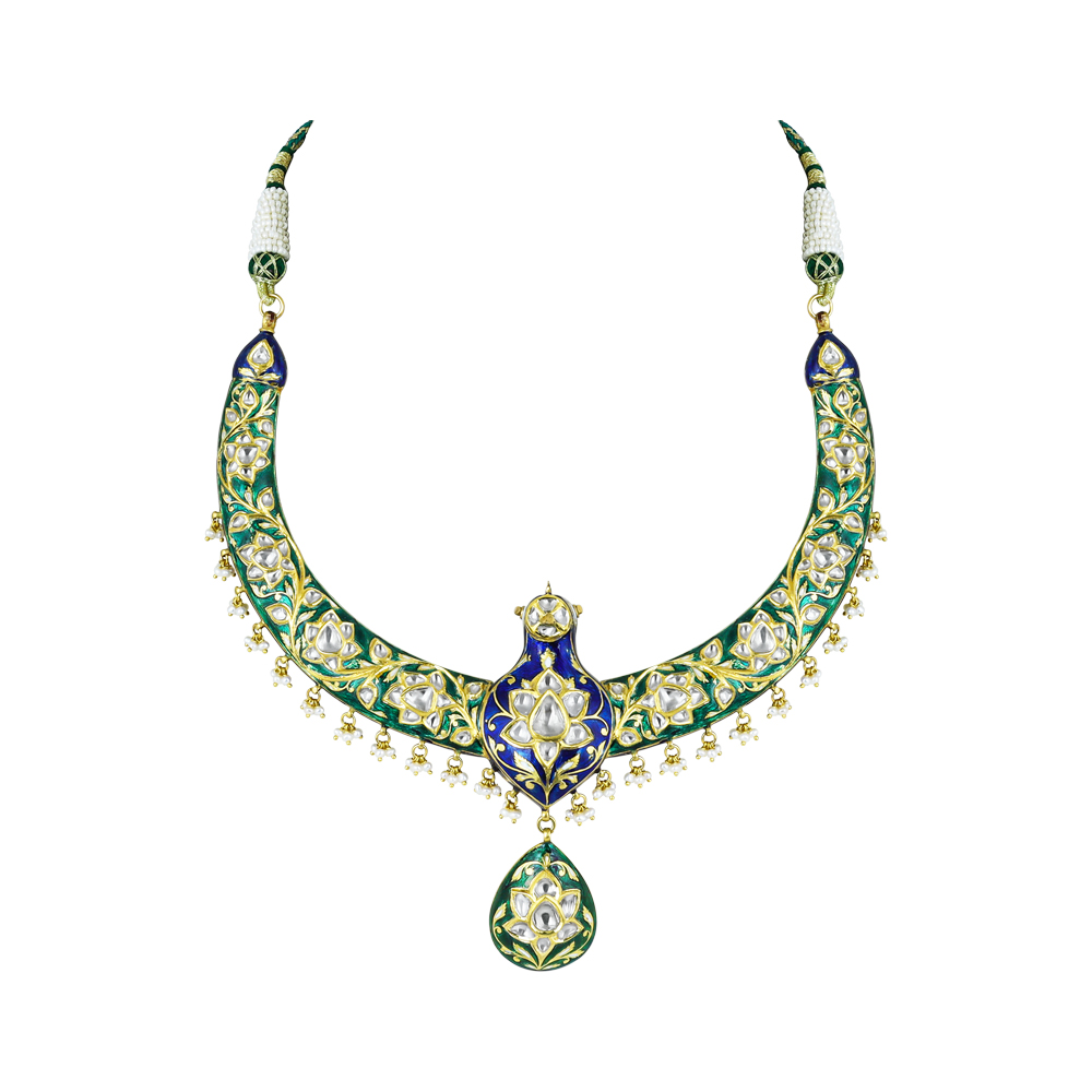 Peacock Motif Hasli Necklace with Polki and Enamel Detailing
